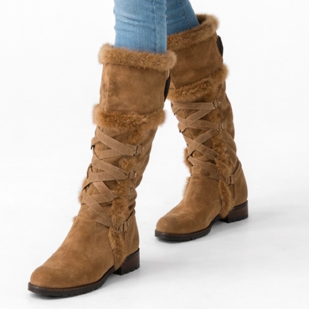Cinderella Vintage Y2K Rare Brown Suede Fur Trim Boots Women’s Size 6.5 EU 37